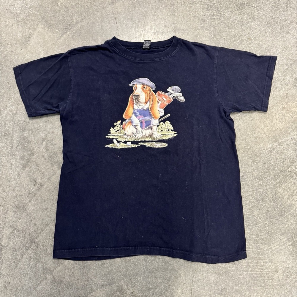 Men's Basset Hound Golf Short Sleeve Dog T-Shirt Navy Blue Retro Tag Large Fit M